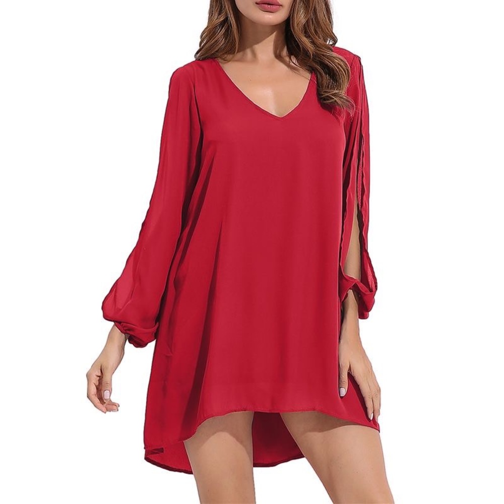 Red flowy shirt dress